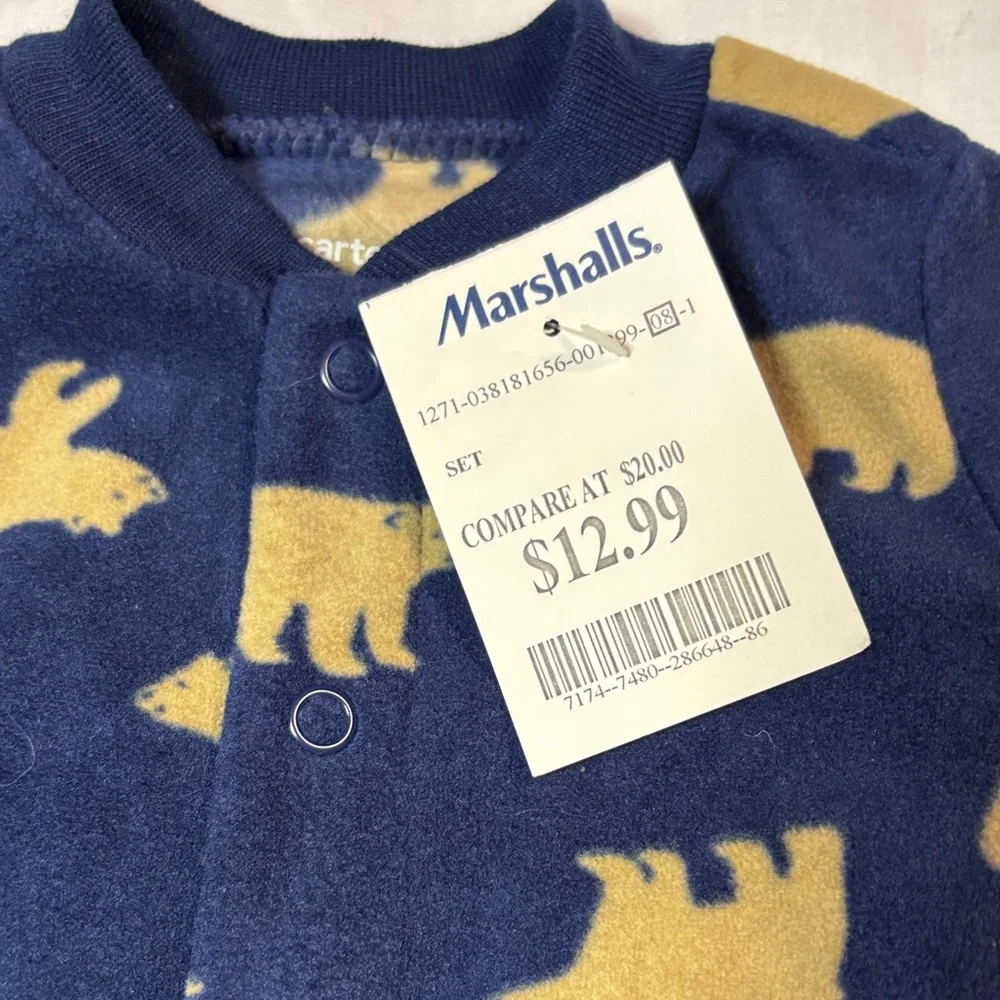 Carter's Bear Print Footie Sleeper Blue Tan 3M NWT Cozy Woodland Baby Essentials